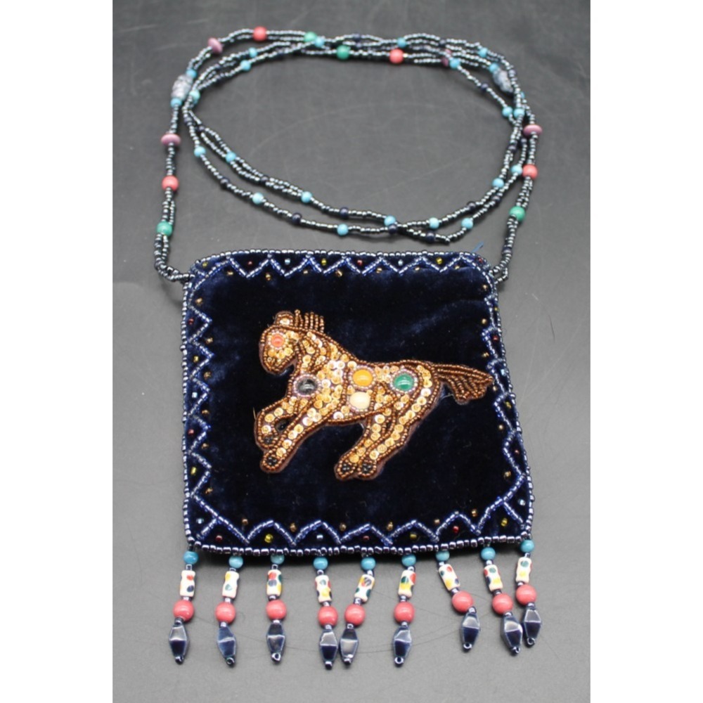 Handmade Mini Beaded Horse Necklace Pouch Velvet Amulet Bag Boho Tribal